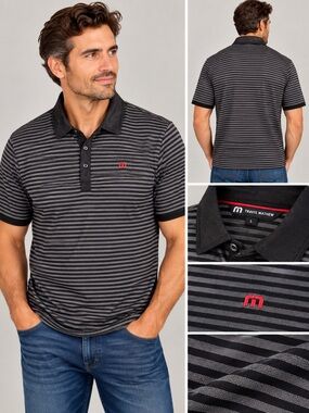 Travis Mathew Black and Gray Striped Polo with Red Logo